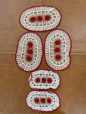 Vintage Handmade Crochet Doily Lot of 5 Red Rose Floral Oval Doilies Cottagecore